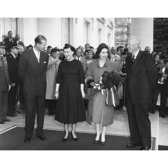 President And Mamie Eisenhower Welcome Queen Elizabeth Ii And Prince Philip. At The White House North Portico. Oct. 17