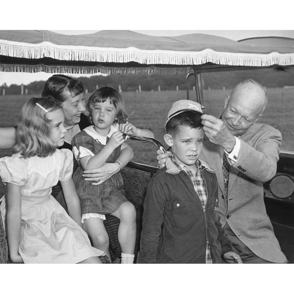 President And Mamie Eisenhower With Their Three Oldest Grandchildren. L-R On The Golf Cart Barbara Anne History (