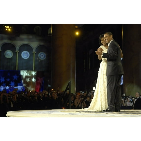 President And Michelle Obama Dance At The Mid-Atlantic Ball. Jan. 20 2009. Michelle'S Ivory Chiffon One Shoulder Dress