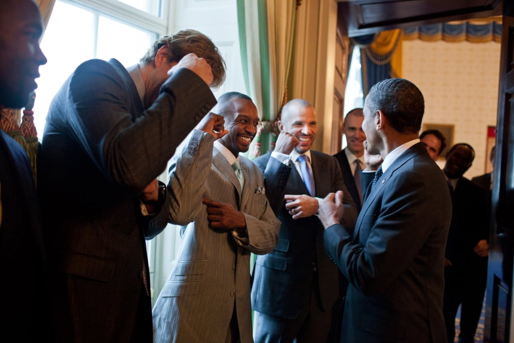President Barack Obama Jokes With Dallas Mavericks Basketball Players. The 2011 Nba Champions Were Honored At The White House On Jan. 9 History (24 x 18)