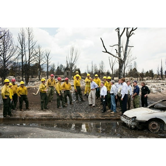 President Barack Obama Views Damage With Firefighters In Colorado Springs History (24 x 18)