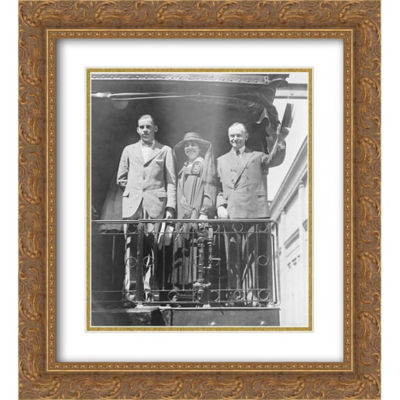 President Calvin Coolidge, full-length portrait, standing, facing slightly left, with wife and son, on back of railroad train 20x24 Double Matted Gold Ornate Framed Art Print