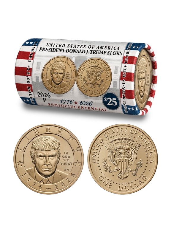 Collectible President Donald J. Trump 2026 $1 Coin Roll • Classic Horizontal Design • 25 Brilliant Uncirculated Coins • Limited Edition of 25,000 Rolls
