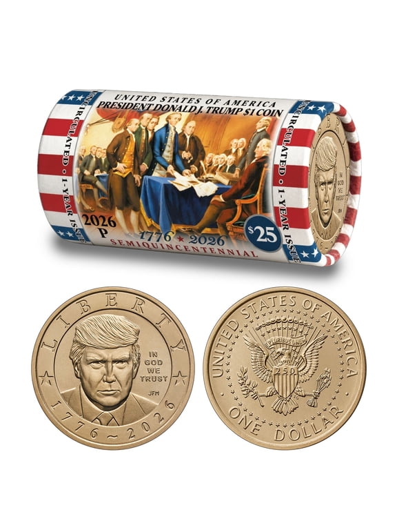 Collectible President Donald J. Trump 2026 $1 Coin Roll • DOI Declaration of Independence Edition • 25 BU Coins • America’s 250th 1776-2026