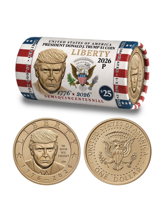 Collectible President Donald J. Trump 2026 $1 Coin Roll • Liberty Horizontal Design • 25 Brilliant Uncirculated Coins • Limited Edition of 25,000 Rolls