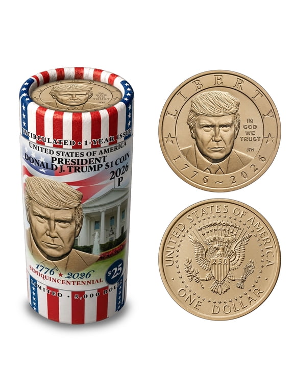 Collectible President Donald J. Trump 2026 $1 Coin Roll • White House VERTICAL Design • 25 Brilliant Uncirculated Coins • Limited Edition of 5,000 Rolls