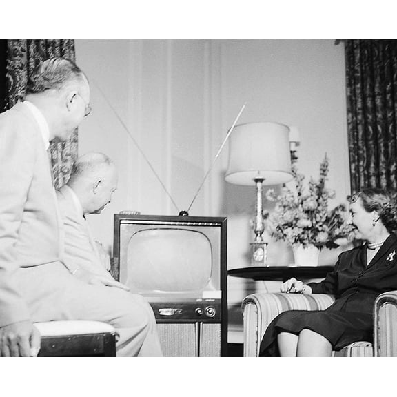 President Dwight Eisenhower & Mamie With TV - 12x18 Inch Laminated Poster - Stunning Detail and Bold Colors