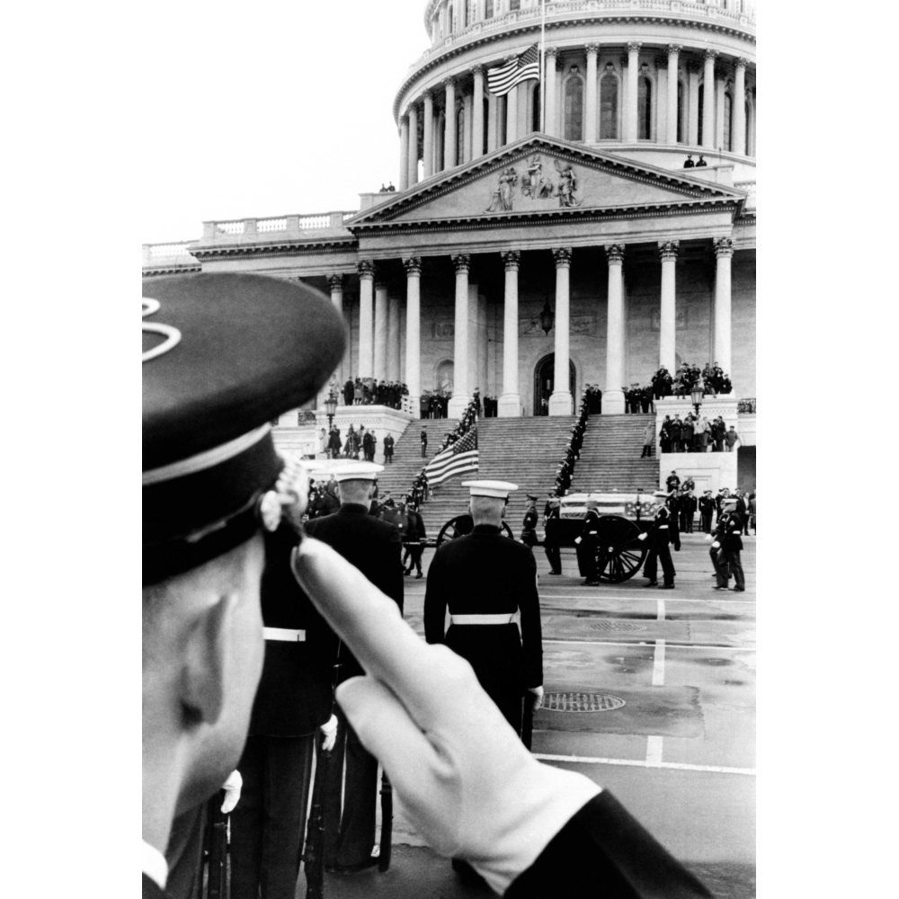President Eisenhower'S Funeral. An Honor Guard Salutes As The Horse-Drawn Caisson Carrying The Coffin Of Gen. Eisenhower