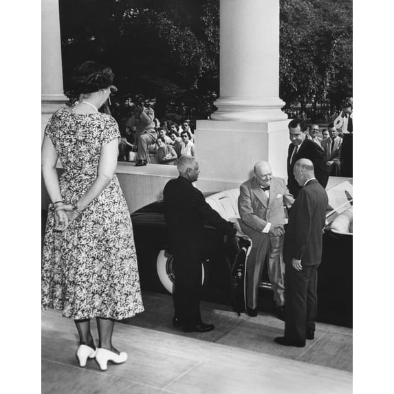 President Eisenhower Welcomes Prime Minister Winston Churchill Of Britain At The White House. First Lady Mamie Eisenhower Stands At Top Of Stairs. Richard Nixon Is In The Car. June 25 History (24 x