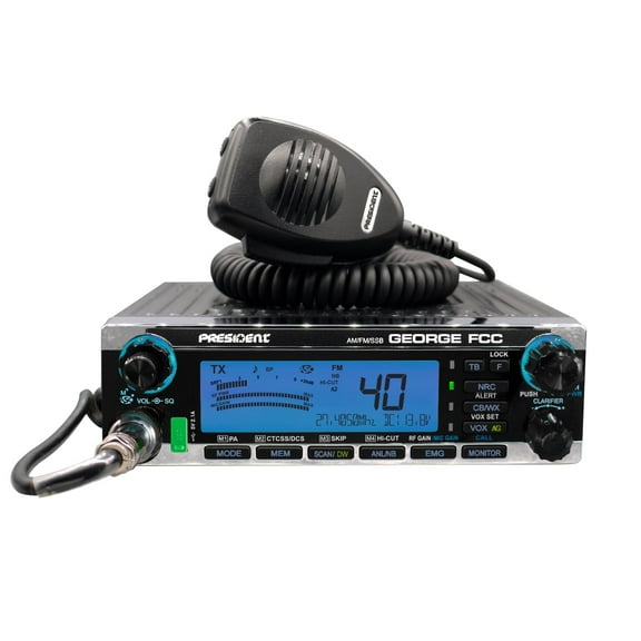 President George FCC AM/FM/SSB CB Radio, CTCSS/DCS, Large 7 Color LCD Display, Weather Channel/Alert, ASC, VOX, Scan Skip, USB Port, NRC, Automatic SWR, PA, SWR and Voltage Protection