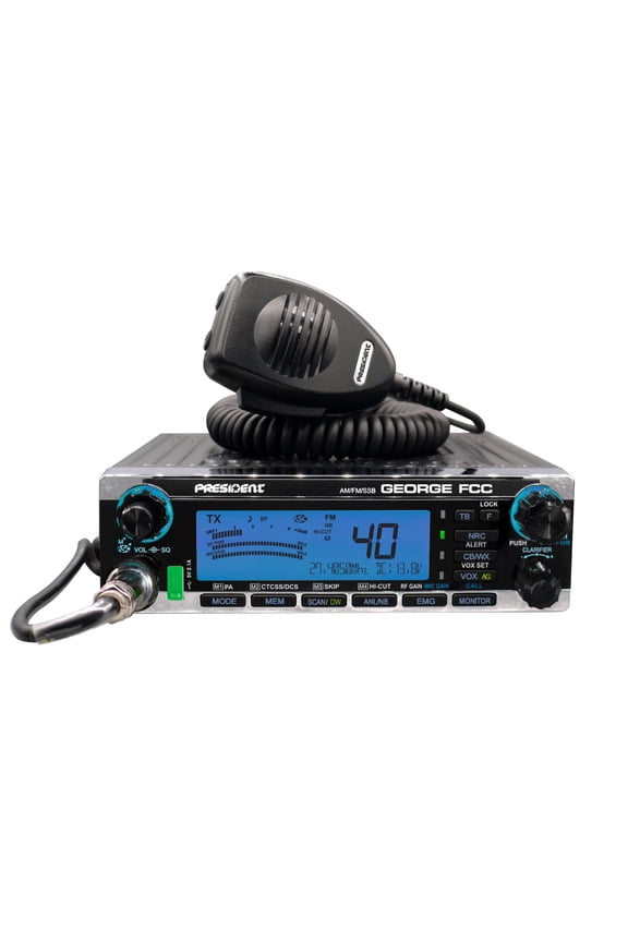 George FCC AM/FM/SSB CB Radio, CTCSS/DCS, Large 7 Color LCD Display, Weather Channel/Alert, ASC, VOX, Scan Skip, USB Port, NRC, Automatic SWR, PA, SWR and Voltage Protection