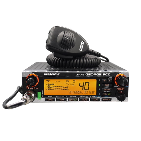 PRESIDENT George FCC 40-Channel CB Radio with AM/FM/PA/SSB Modes, NOAA Alerts, P-Channels, Emergency Channels, VOX, Auto Squelch, USB, ANL, Mic