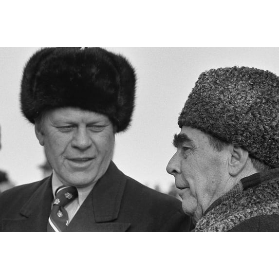 President Ford Wearing A Russian Wool Cap Is Greeted By Soviet General Secretary Leonid Brezhnev In Vladivostok Russia. November 23 1974 History (36 x 24)