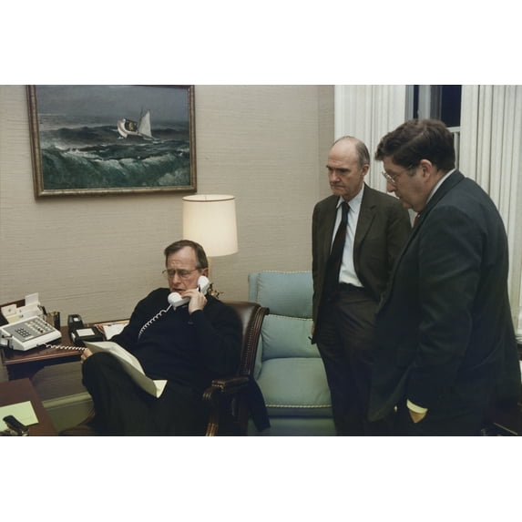 President George Bush In A Telephone Conference Regarding The Panama Invasion On Dec. 20 1989. With Him In The Oval Office Study Are Gen. Brent Scowcroft And John Sununu. (Bsloc2011377) History (24 x