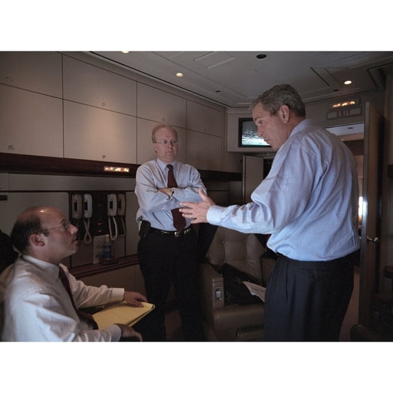 President George W. Bush With Ari Fleischer (Left) And Karl Rove On Air Force 1 History (24 x 18)