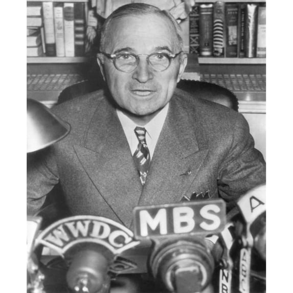 President Harry Truman Speaking Into Microphones Of Radio Networks. Ca. 1945-48. - History (18 x 24)