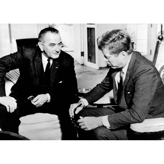 President John Kennedy Meeting With Vice President Lyndon Johnson. Lbj Reported About His Recent Goodwill Tour Of
