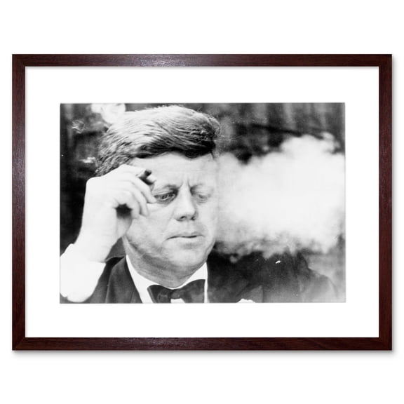 President John Kennedy Smoking Cigar JFK Black and White Vintage Photograph Artwork Framed Wall Art Print 12X16 Inch