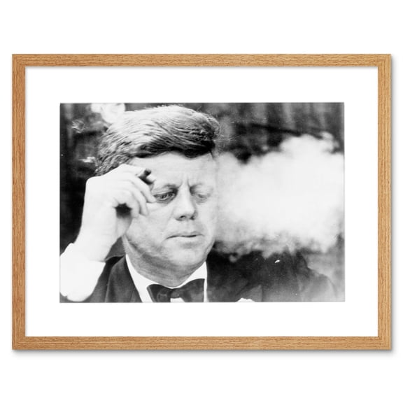 President John Kennedy Smoking Cigar JFK Black and White Vintage Photograph Artwork Framed Wall Art Print 12X16 Inch