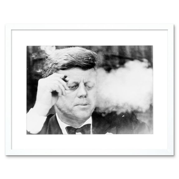 President John Kennedy Smoking Cigar JFK Black and White Vintage Photograph Artwork Framed Wall Art Print 12X16 Inch