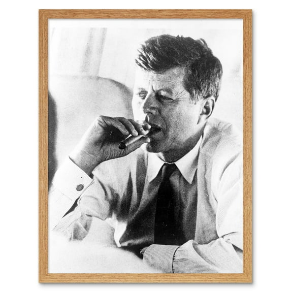 President John Kennedy Smoking Cigar JFK Vintage Black and White Photograph Art Print Framed Poster Wall Decor 12x16 inch