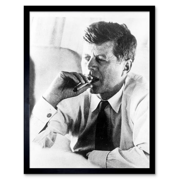 President John Kennedy Smoking Cigar JFK Vintage Black and White Photograph Art Print Framed Poster Wall Decor 12x16 inch