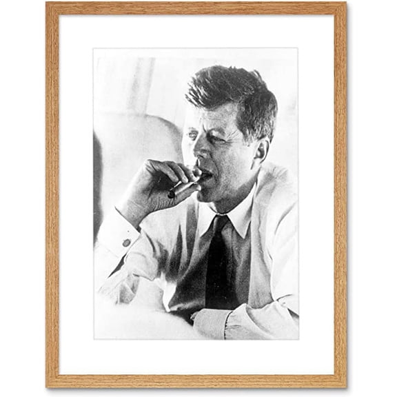 President John Kennedy Smoking Cigar JFK Vintage Black and White Photograph Artwork Framed Wall Art Print 12X16 Inch