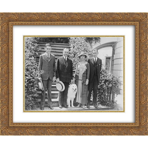President and Mrs. Coolidge, full-length portraits, standing on steps, with their two sons and their pet dog 24x20 Double Matted Gold Ornate Framed Art Print