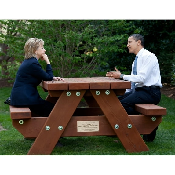 President Obama And Hillary Clinton Hold A Meeting At A Picnic Table On The South Lawn Of The White House. April 9 2009.