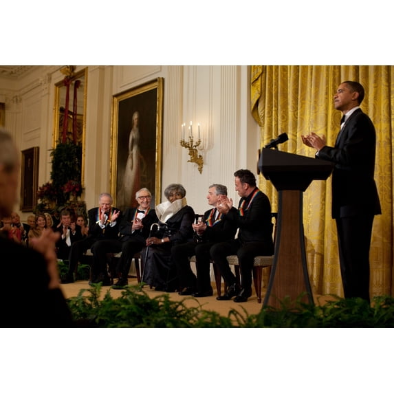 President Obama Applauds Kennedy Center Honors Recipients In The White House East Room. Seated On Stage Are Mel Brooks Dave Brubeck Grace Bumbry Robert De Niro And Bruce Springsteen. Dec. 6 2009.