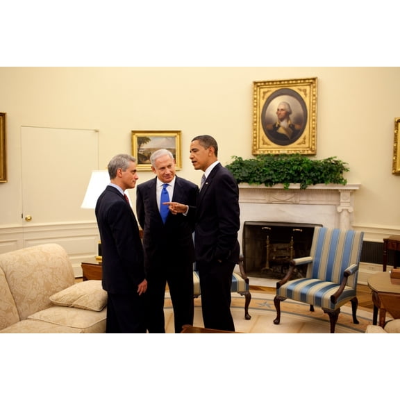 President Obama Talks With Israeli Prime Minister Benjamin Netanyahu And Chief Of Staff Rahm Emanuel In The Oval Office.