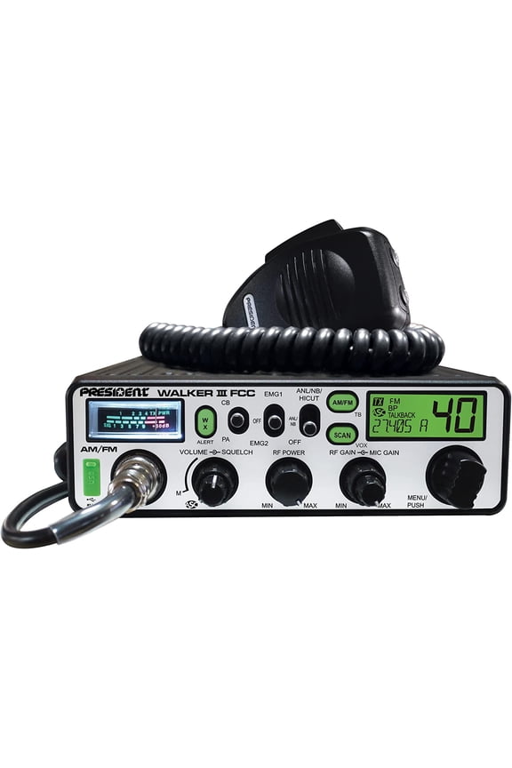 President Walker III FCC AM/FM CB Radio, USB Charging Socket, Roger Beep, Mic Gain, Scan/Scan Skip, 2 Programmable Priority Channels, Talkback Function, Weather Channel, 40 Channels