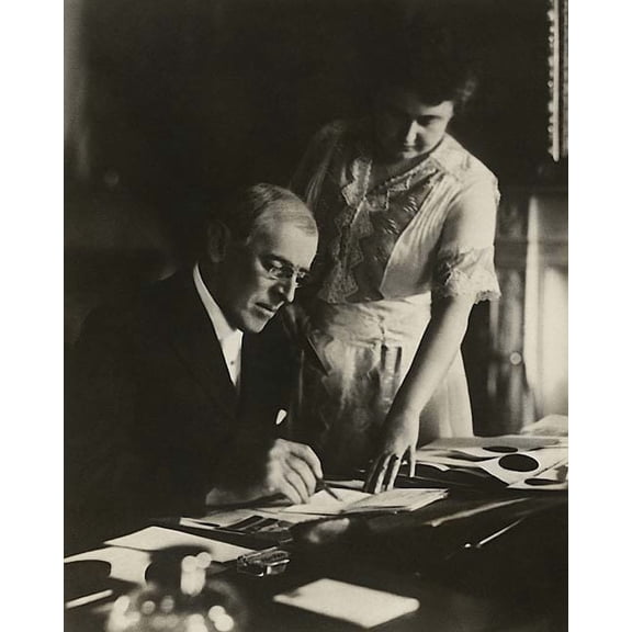 President Woodrow Wilson At Desk With Wife Edith - 24x36 Inch Laminated Poster - Stunning Detail and Bold Colors