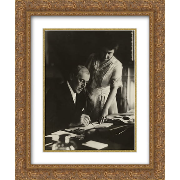 President Woodrow Wilson, seated at desk with his wife, Edith Bolling Galt, standing at his side 16x24 Double Matted Gold Ornate Framed Art Print