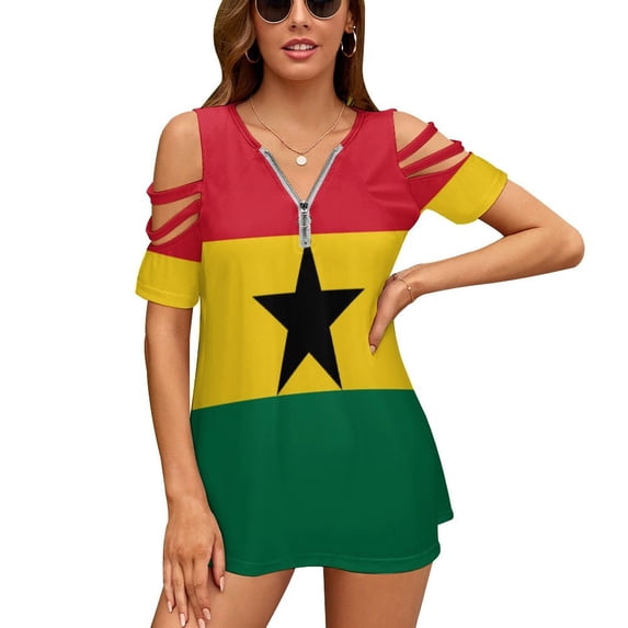Presidential Standard of Ghana Womens Summer V Neck Zipper Top Short Sleeve T Shirt Off Shoulder Top Casual Classy Loose Shirts