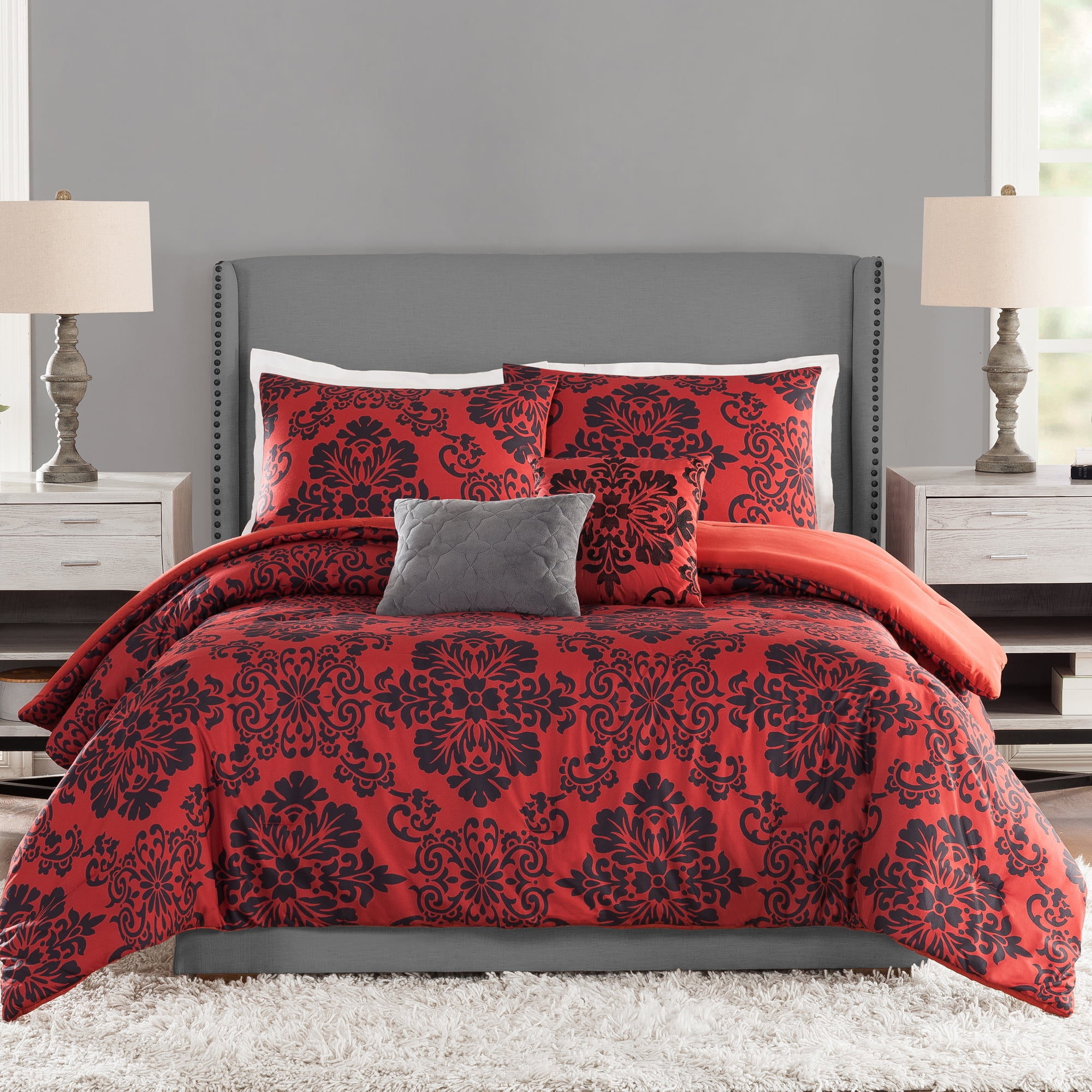 Presidio Square Demask Medallion Polyester Red and Black 5 Piece Comforters Set Full Queen