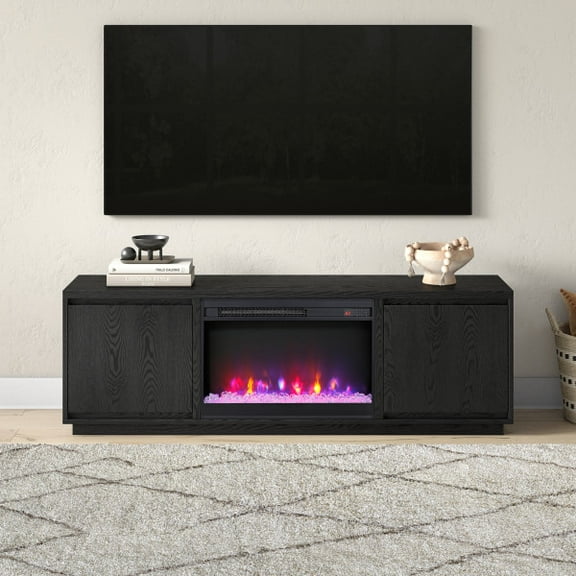 Presque Rectangular TV Stand with 26" Crystal Fireplace for TV's up to 75" in Black Grain