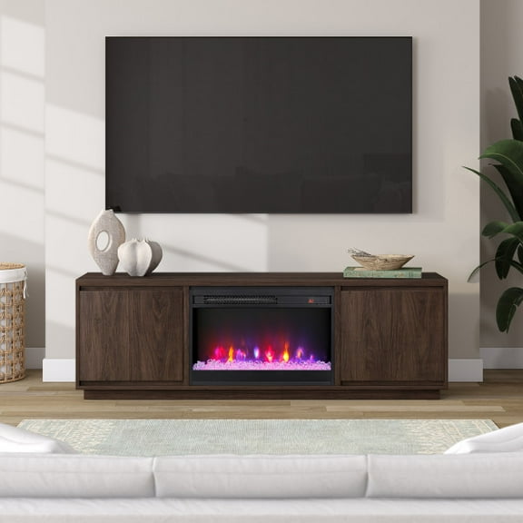 Presque Rectangular TV Stand with 26" Crystal Fireplace for TV's up to 75" in Satin Walnut