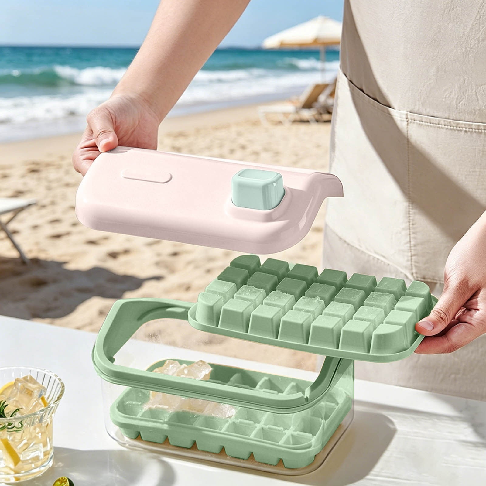 Press Buttom Ice Tray Easy Release Double-Layer Ice Cube Tray with Storage Box Reusable Silicone Ice Mold for Summer Home Bar Parties Outdoor