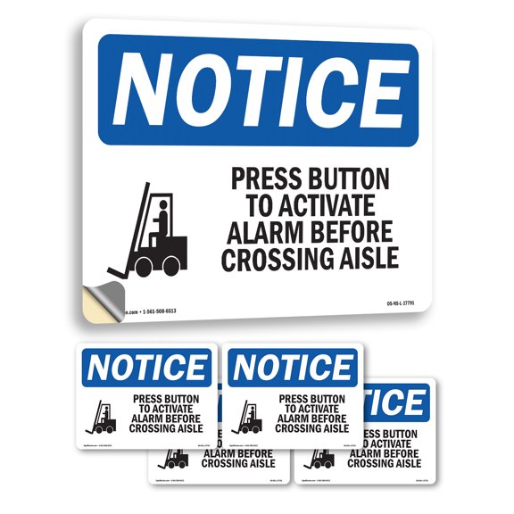 Press Button To Activate Alarm With Symbol OSHA Notice Vinyl Decal Label 5 Inch x 3.5 Inch - 5 Pack