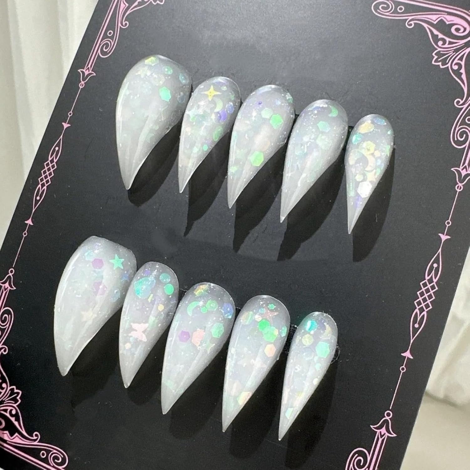 Press Claw on Nails White Sequins Short Stiletto Handmade Reusable Thick Acrylic Cat Dragon Eagle Claw False Nail Glossy Glue on Nail with Y2K Style Design
