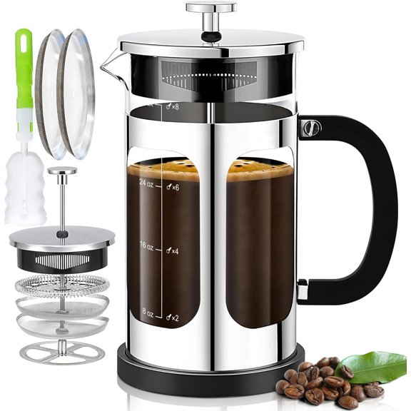 Press Coffee Maker (34oz 1Quart 5-6Cup) Coffee Press, with 4 Filters System, Heat Resistant Thickness Borosilicate Glass, Cold Brew Coffee Pot Gifts (Silvery)