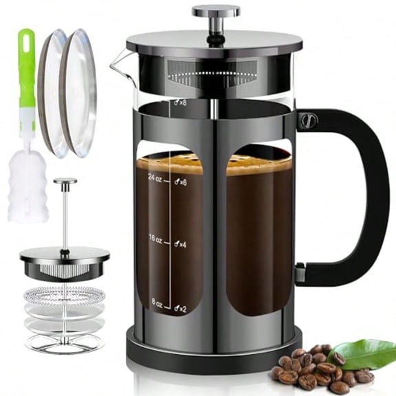 Press Coffee Maker 34oz 1Quart 5-6Cup Coffee Press with 4 Filters System Heat Resistant Thickness Borosilicate Glass Cold Brew Coffee Tea Pot Gifts (Bright Black)