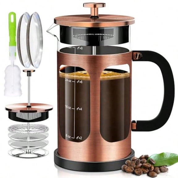 Press Coffee Maker 34oz 1Quart 5-6Cup Coffee Press with 4 Filters System Heat Resistant Thickness Borosilicate Glass Cold Brew Coffee Tea Pot Gifts (Copper)