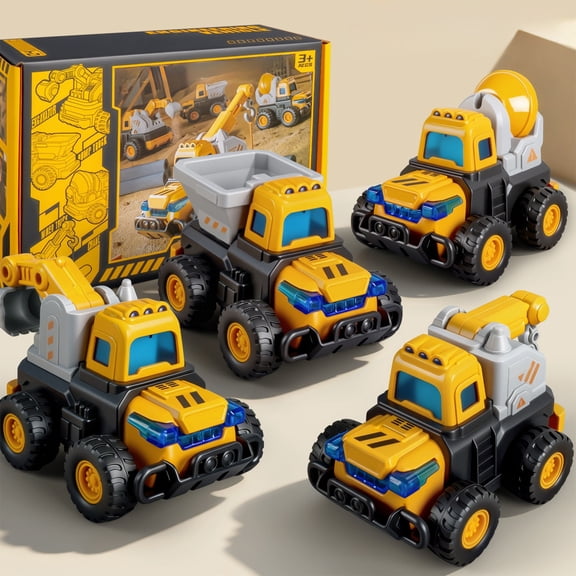 Press and Go Construction Fire Truck Toy Set 4 PCS – Friction Powered Excavator Lifting Truck Fire Sprinkler Cars for Toddlers Age 3+ No Battery Needed