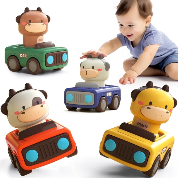Press & Go Toy Cars for Toddlers 1-3, Friction Powered Animal Car Set, No Battery Push Toys for Indoor Play & Travel, Safe ABS Baby Cars for Boys & Girls 6-18 Months