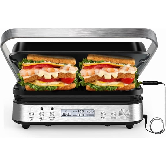 Press Grill Sandwich Maker with Removable Plates, 1600W, 5 in 1 Indoor Grill & Griddle with Meat , Contact Grills for Kitchen, Stainless