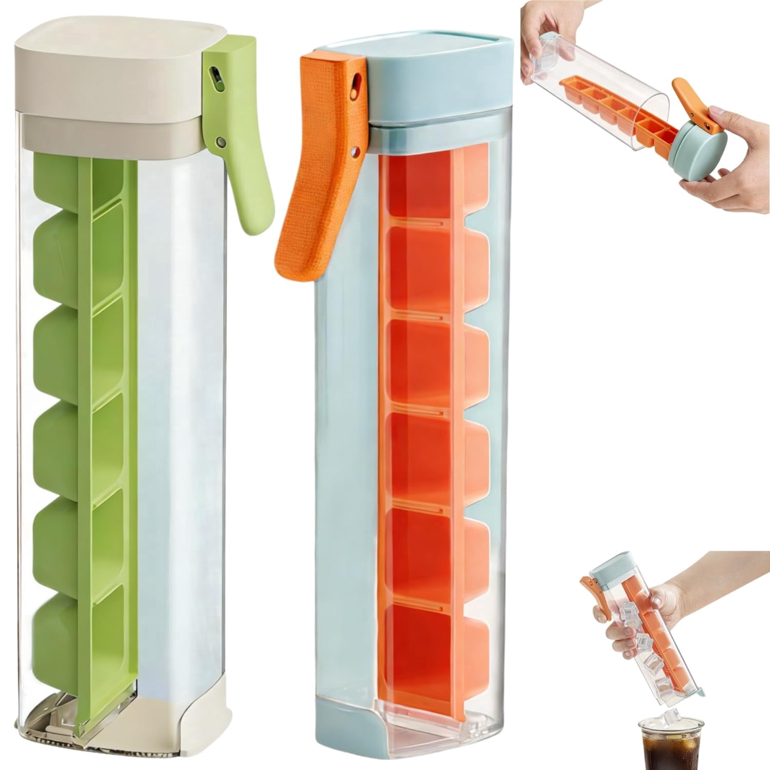 Press Ice Tray Mold，One Glass Ice Cube Maker，Portable Glass Ice Maker With Storage Container， Pop Out Cubes Without，6 Grid Square Ices Tray For Home Kitchen Office Use(Green+Orange)