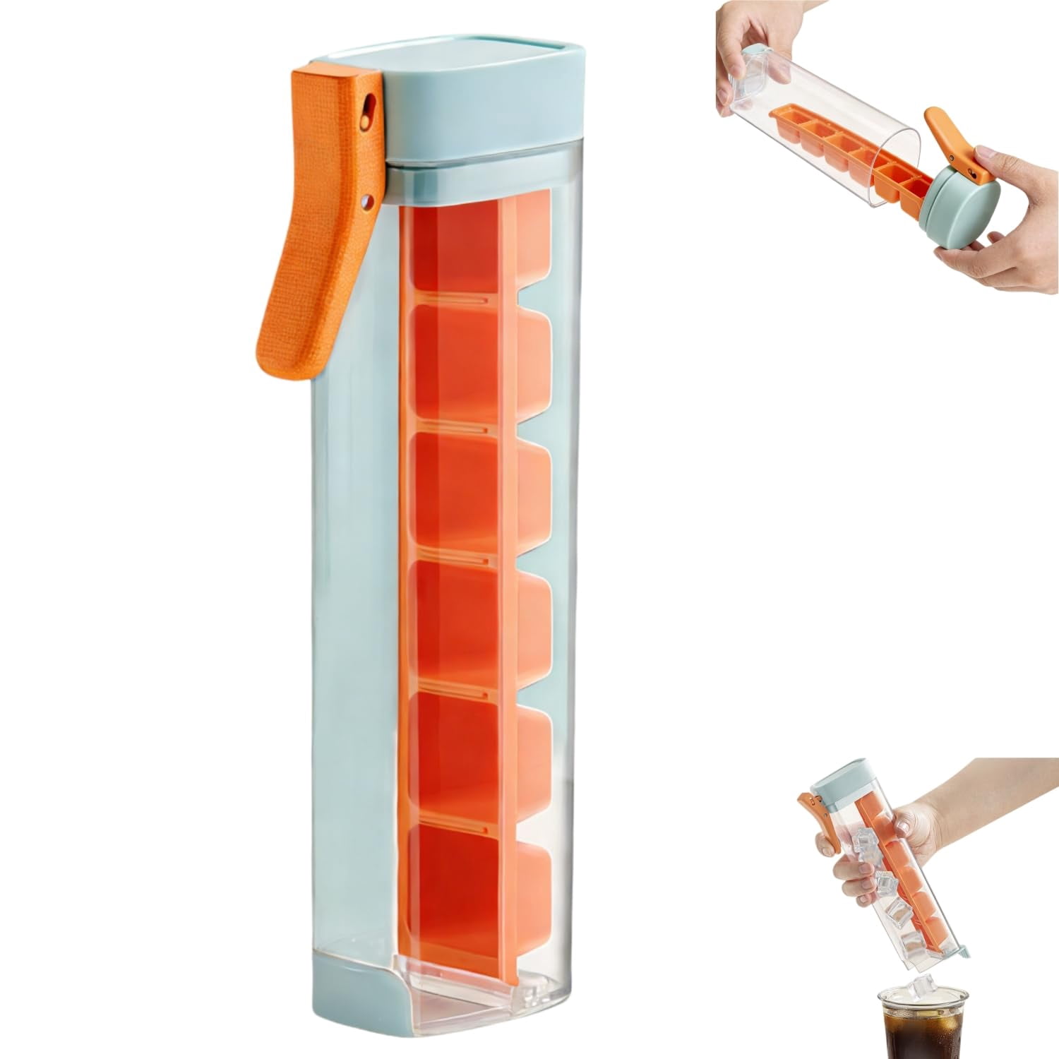 Press Ice Tray Mold，One Glass Ice Cube Maker，Portable Glass Ice Maker With Storage Container， Pop Out Cubes Without，6 Grid Square Ices Tray For Home Kitchen Office Use(Orange)