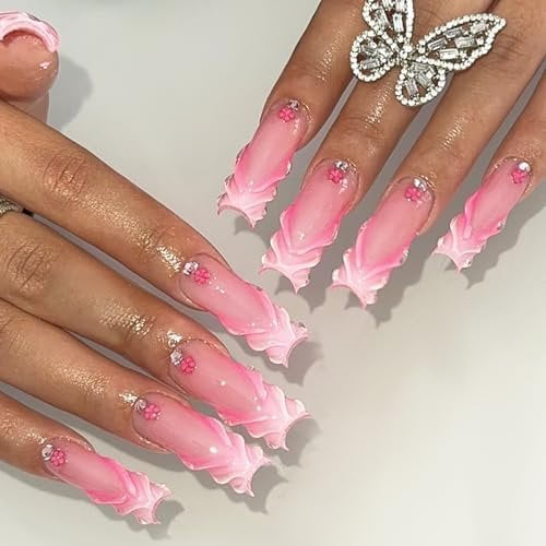 Press Long Nails Coffin Shaped Glossy Full Cover Long Square False Nails with Designs Artificial Extra Long Square Nails with Charms Glue ons Fingernails for Women(GZ1096)